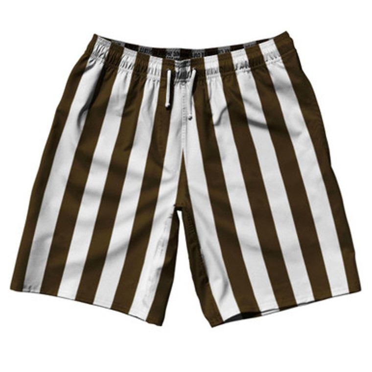 Dark Brown & White Vertical Stripe 10" Swim Shorts Made in USA by Ultras