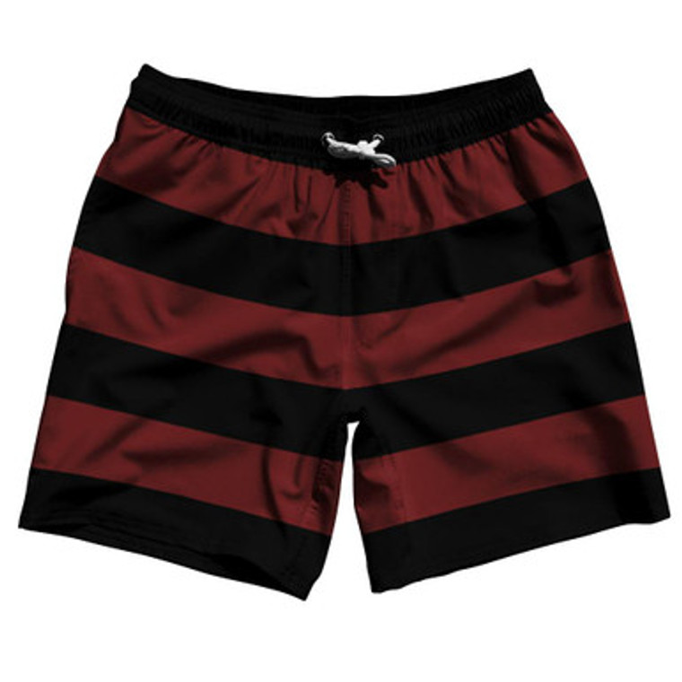 Maroon Red & Black Horizontal Stripe 7" Swim Shorts Made in USA by Ultras