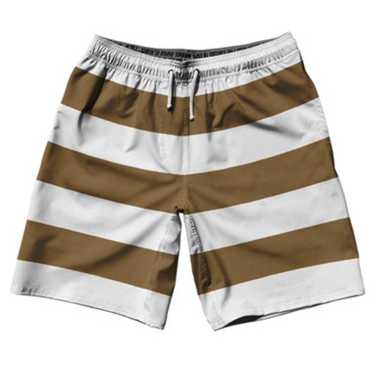 Medium Brown & White Horizontal Stripe 10" Swim Shorts Made in USA by Ultras