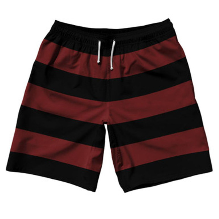 Maroon Red & Black Horizontal Stripe 10" Swim Shorts Made in USA by Ultras