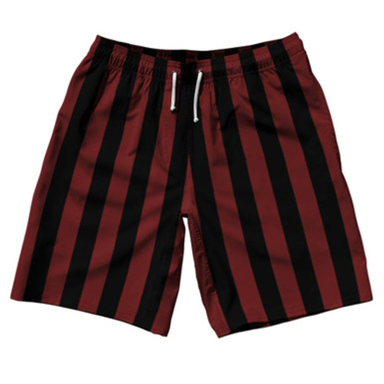 Maroon Red & Black Vertical Stripe 10" Swim Shorts Made in USA by Ultras