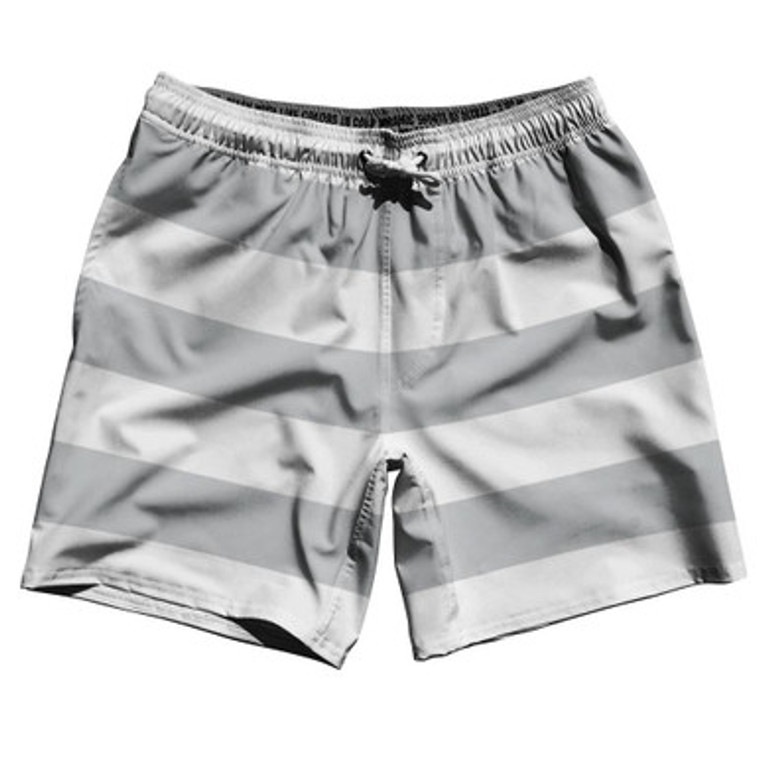 Medium Grey & White Horizontal Stripe 7" Swim Shorts Made in USA by Ultras