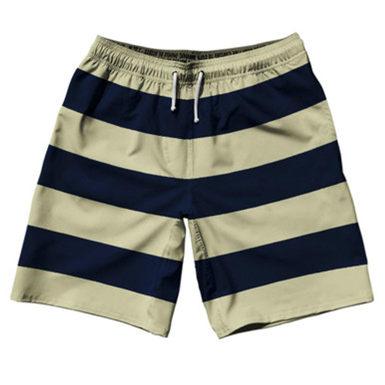 Navy & Vegas Gold Horizontal Stripe 10" Swim Shorts Made in USA by Ultras