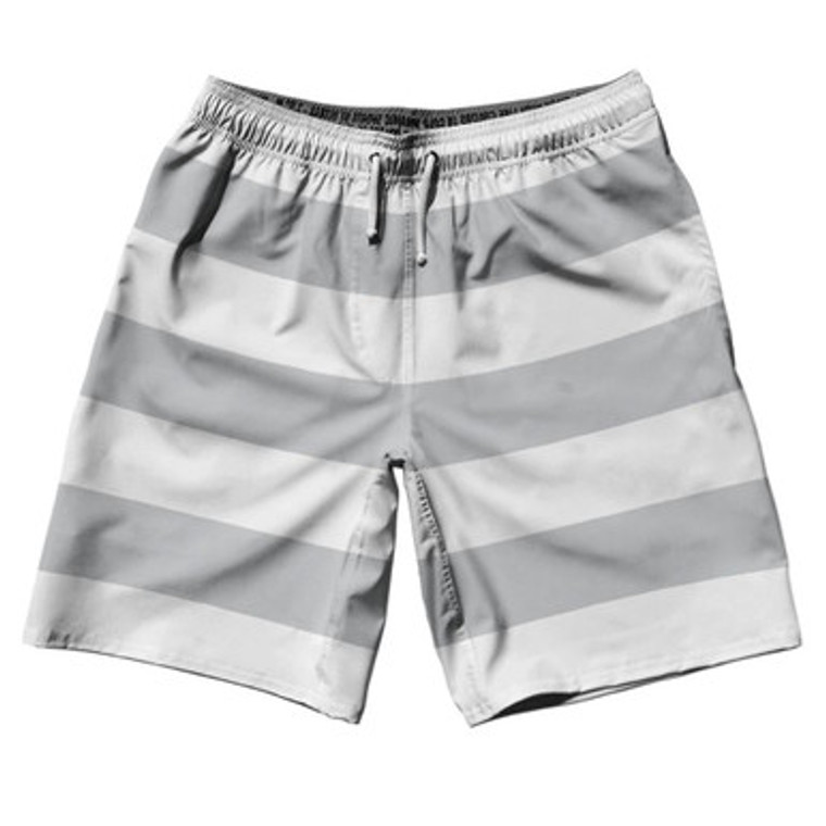 Medium Grey & White Horizontal Stripe 10" Swim Shorts Made in USA by Ultras