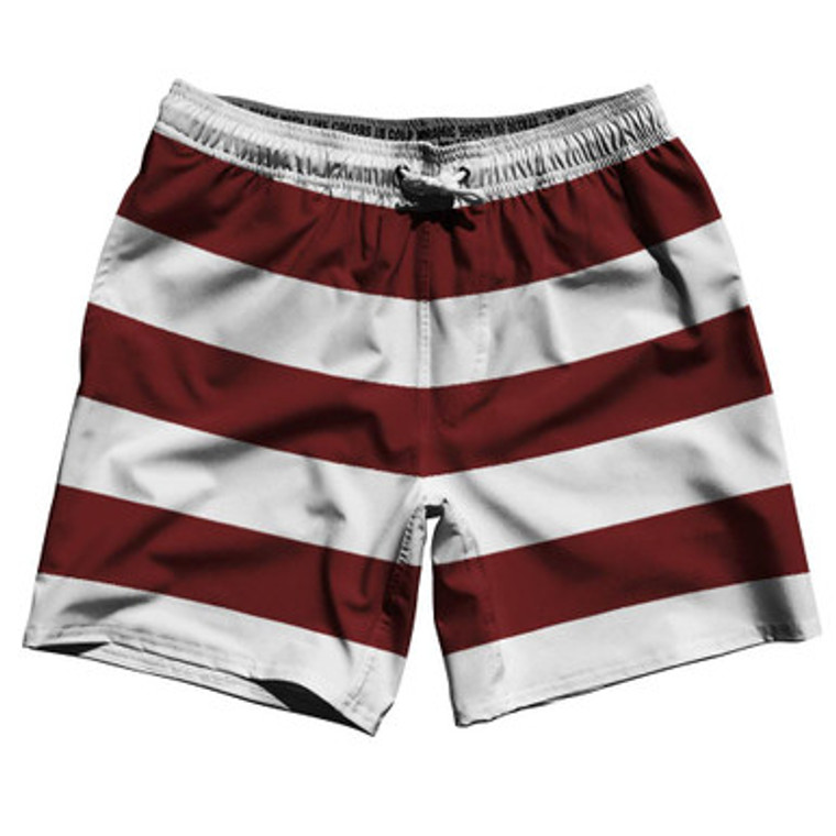 Maroon Red & White Horizontal Stripe 7" Swim Shorts Made in USA by Ultras
