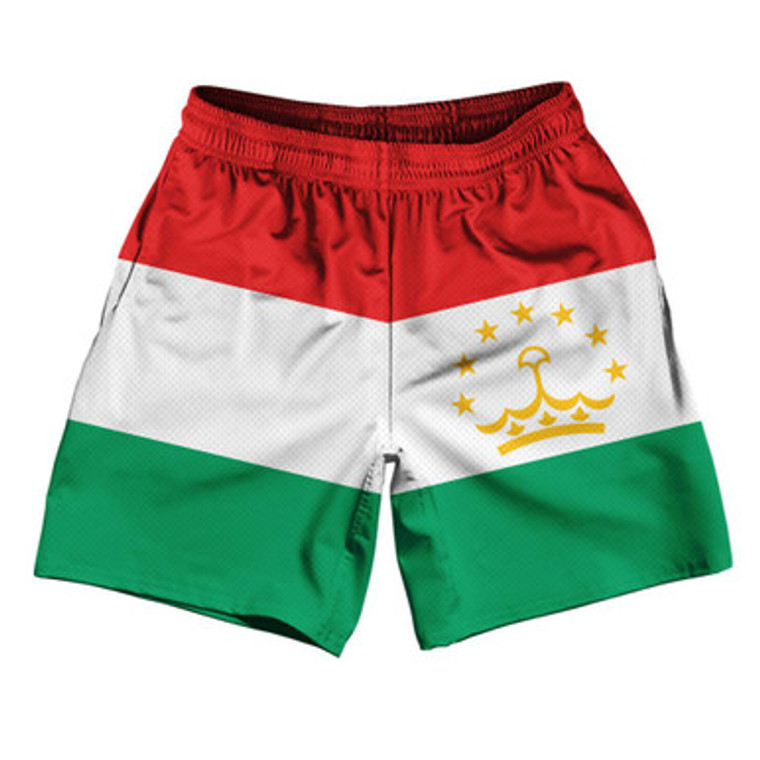 Tajikistan Country Flag Athletic Running Fitness Exercise Shorts 7" Inseam Made In USA - White Red