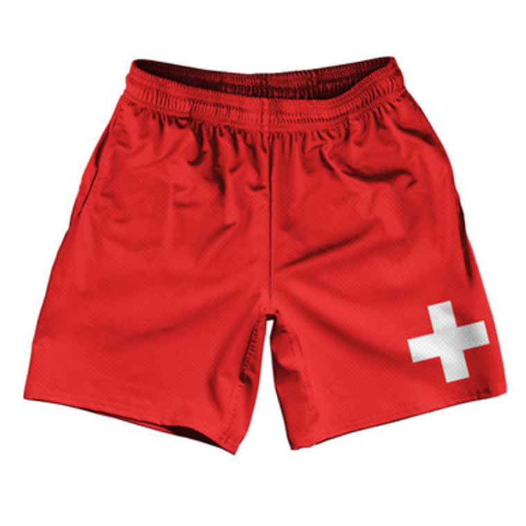 Switzerland Country Flag Athletic Running Fitness Exercise Shorts 7" Inseam Made In USA - Red