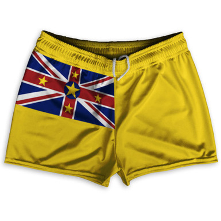 Niue Country Flag Shorty Short Gym Shorts 2.5" Inseam Made In USA - Yellow