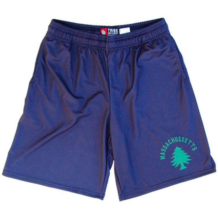 Massachusetts Original Flag Sublimated Lacrosse Shorts Made in USA - Navy