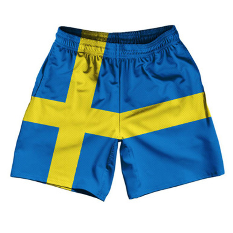 Sweden Country Flag Athletic Running Fitness Exercise Shorts 7" Inseam Made In USA - Blue Yellow