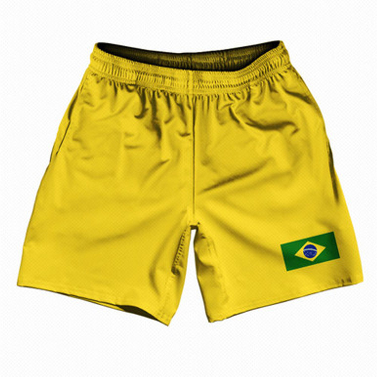 Brazil Country Heritage Flag Athletic Running Fitness Exercise Shorts 7" Inseam Made In USA Shorts - Yellow