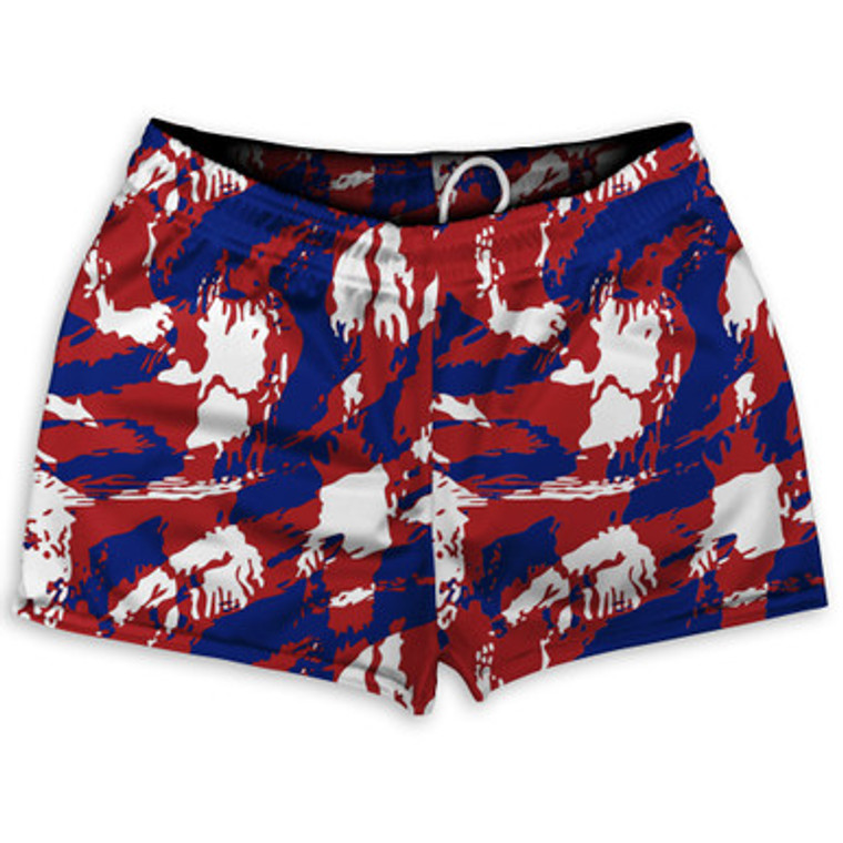 USA Red White and Blue Castle Camo Shorty Short Gym Shorts 2.5" Inseam Made in USA - Red White Blue