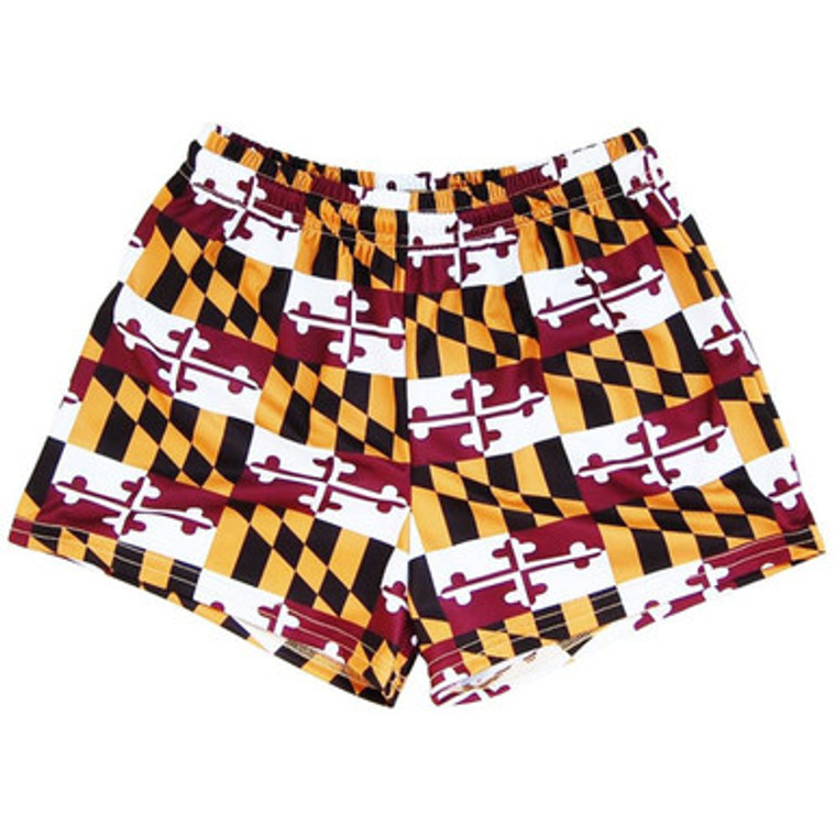 Womens Maryland Flag Quads Burgundy and Gold Sport Shorts Made In USA - Burgandy and Gold