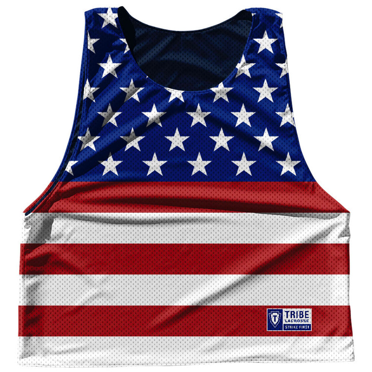 Stars and Stripes Old Glory Mesh Reversible Lacrosse Pinnie Made In USA - Blue White Red
