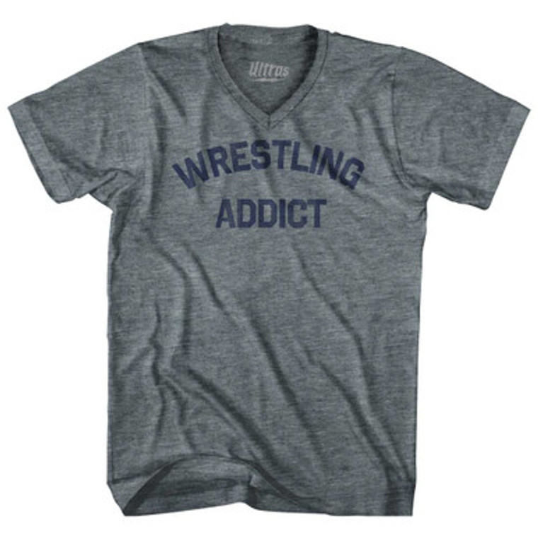 Wrestling Addict Adult Tri-Blend V-neck T-shirt-Athletic Grey