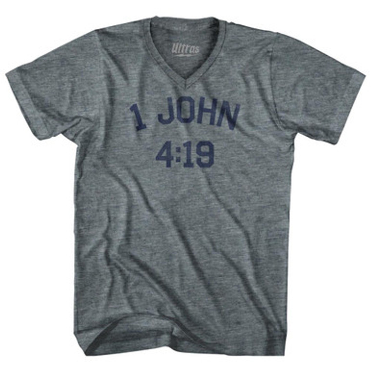 1 John 4 19 Adult Tri-Blend V-Neck T-Shirt by Ultras