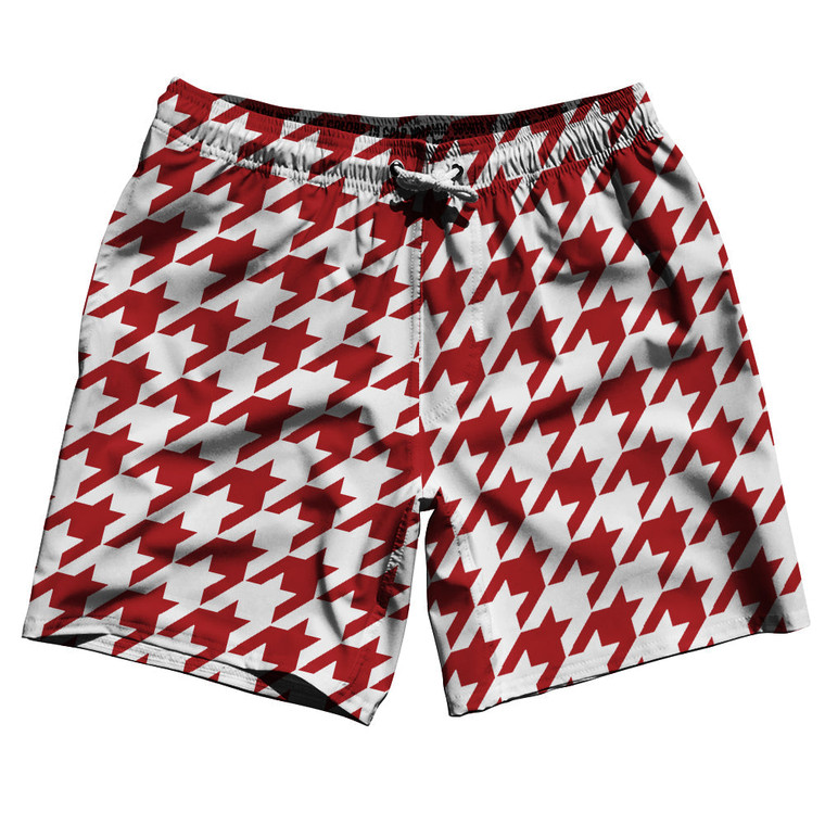 Red Dark And White Houndstooth Swim Shorts 7" Made In USA - Red Dark And White