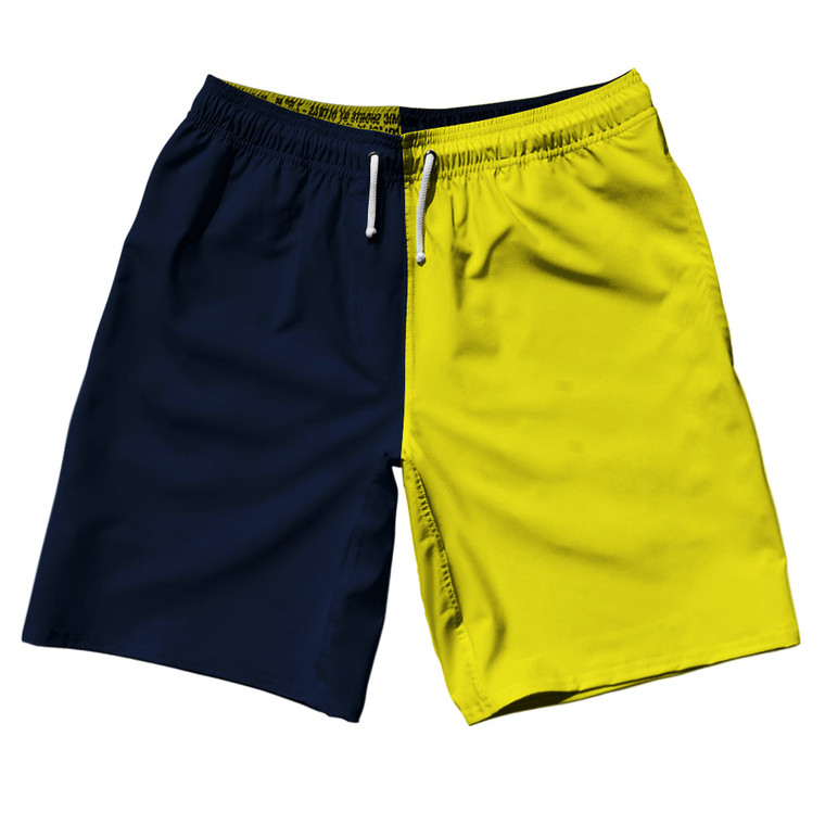Blue Navy And Yellow Bright Quad Color 10" Swim Shorts Made In USA - Blue Navy And Yellow Bright