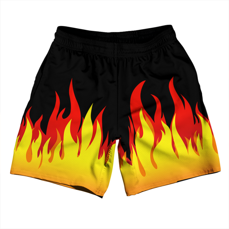 Flame Pattern Athletic Running Fitness Exercise Shorts 7" Inseam Shorts Made In USA - Yellow Black