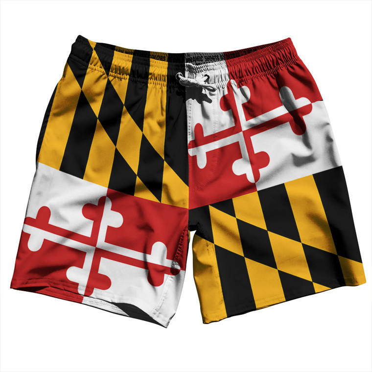 Maryland US State Flag Swim Shorts 7" Made in USA - Red White Yellow