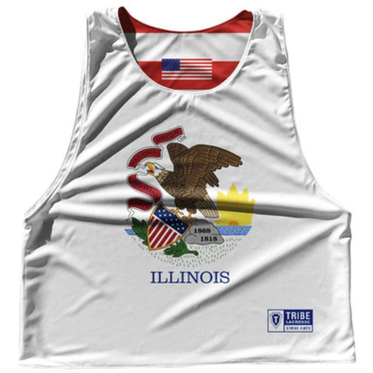 Illinois State Flag and American Flag Reversible Lacrosse Pinnie Made In USA - White