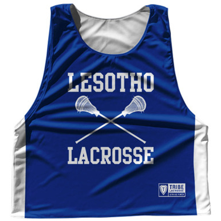 Lesotho Country Nations Crossed Sticks Reversible Lacrosse Pinnie Made In USA - Royal & White