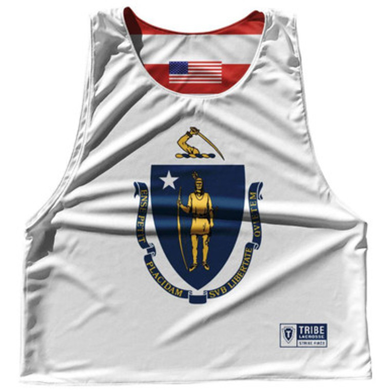 Massachusetts State Flag and American Flag Reversible Lacrosse Pinnie Made In USA - White