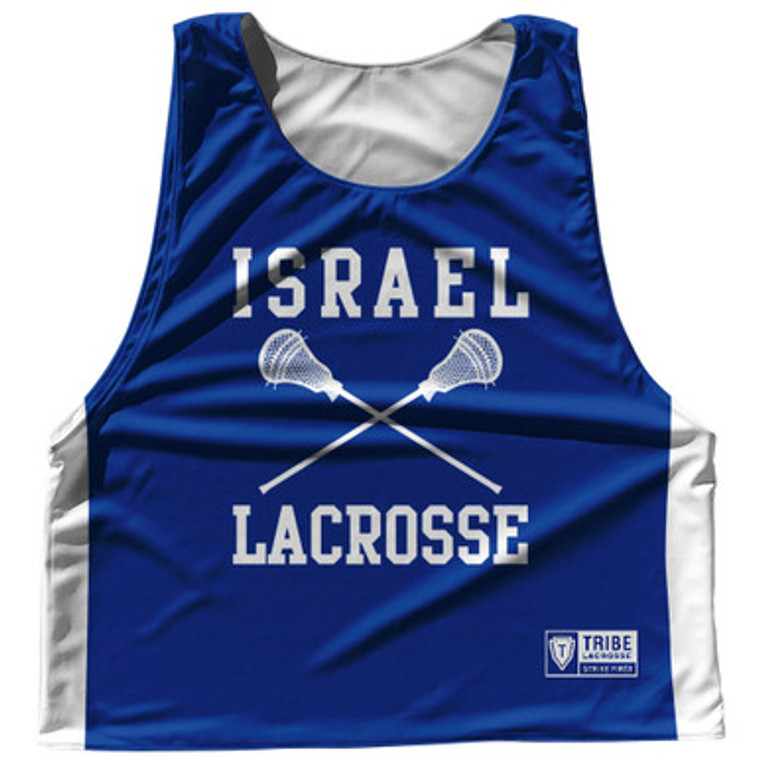 Israel Country Nations Crossed Sticks Reversible Lacrosse Pinnie Made In USA - Royal & White