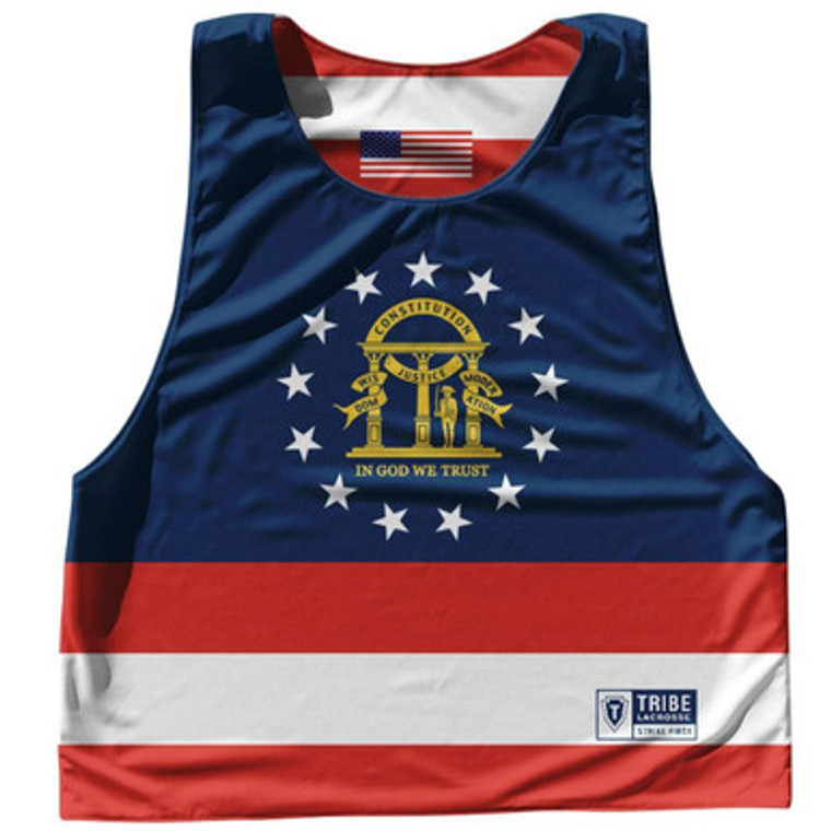 Georgia State Flag and American Flag Reversible Lacrosse Pinnie Made In USA - Blue White & Red