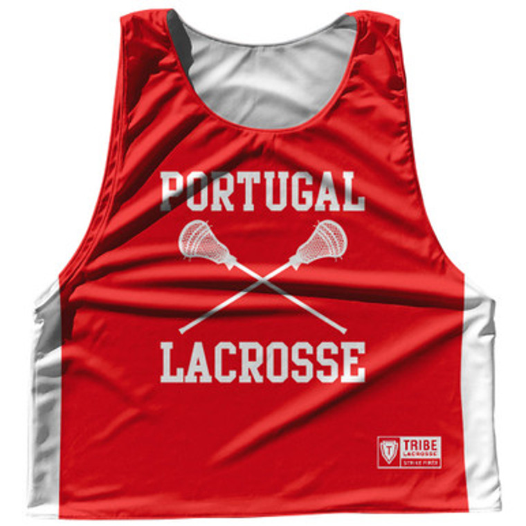 Portugal Country Nations Crossed Sticks Reversible Lacrosse Pinnie Made In USA - Red & White