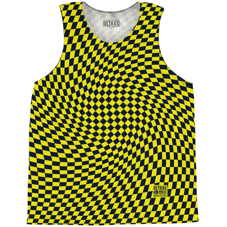 Warped Checkerboard Basketball Singlets - Blue Navy And Yellow Bright