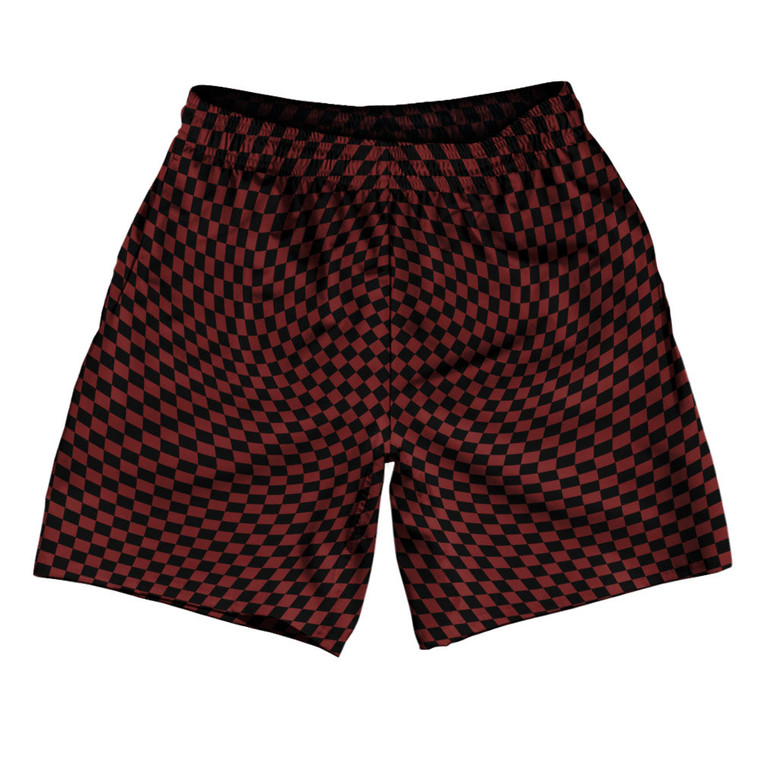 Warped Checkerboard Athletic Running Fitness Exercise Shorts 7" Inseam Shorts Made In USA - Red Maroon And Black