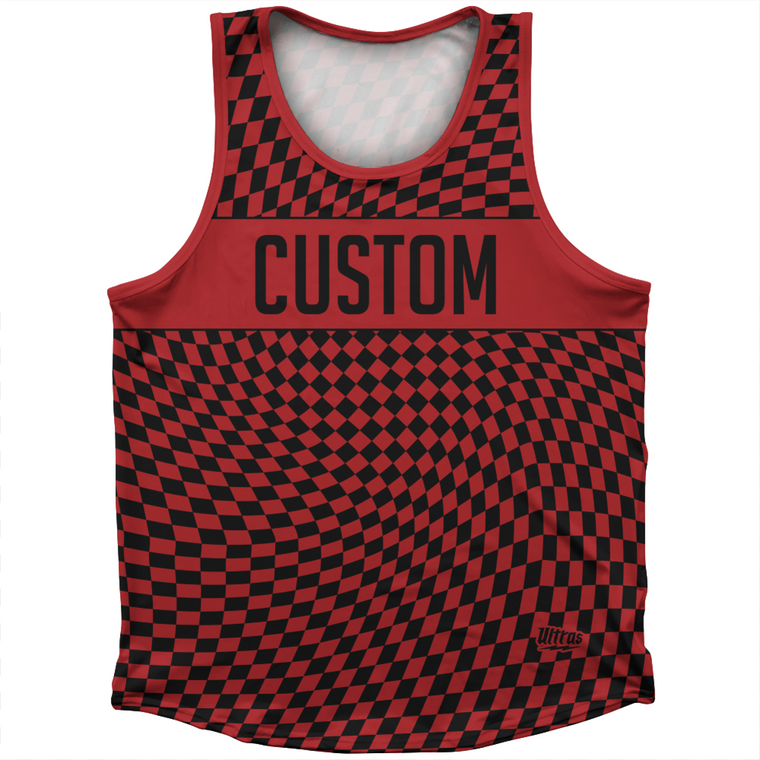 Warped Checkerboard Custom Athletic Sport Tank Top Made In USA - Red Dark And Black