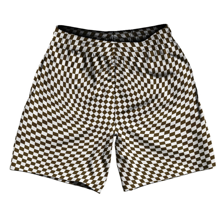 Warped Checkerboard Athletic Running Fitness Exercise Shorts 7" Inseam Shorts Made In USA - Brown Dark And White