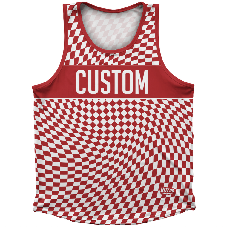 Warped Checkerboard Custom Athletic Sport Tank Top Made In USA - Red Dark And White