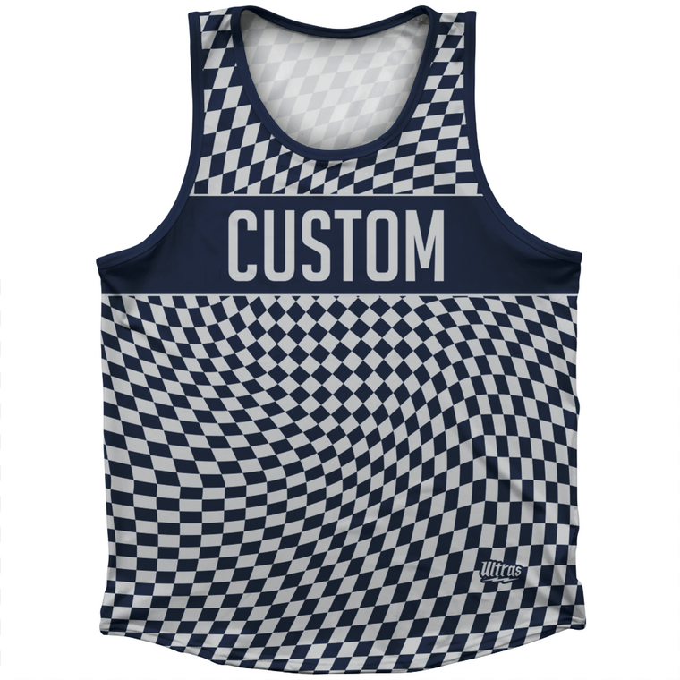 Warped Checkerboard Custom Athletic Sport Tank Top Made In USA - Blue Navy And Grey Medium