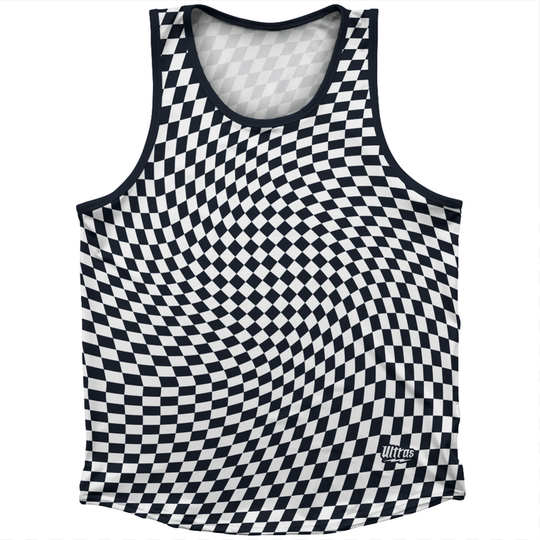 Warped Checkerboard Athletic Sport Tank Top Made In USA - Blue Navy Almost White And Black