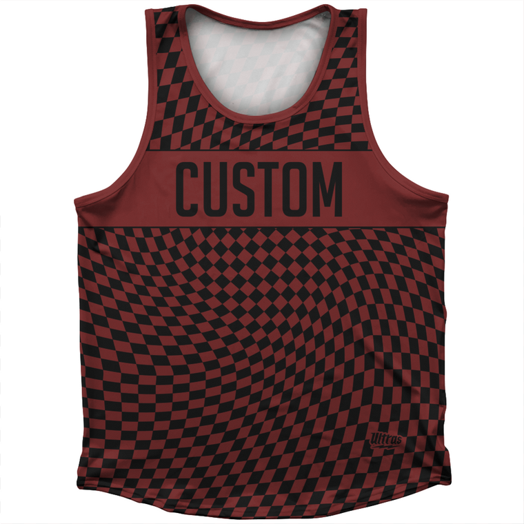 Warped Checkerboard Custom Athletic Sport Tank Top Made In USA - Red Maroon And Black
