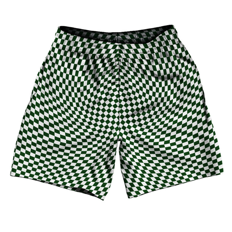 Warped Checkerboard Athletic Running Fitness Exercise Shorts 7" Inseam Shorts Made In USA - Green Forest And White