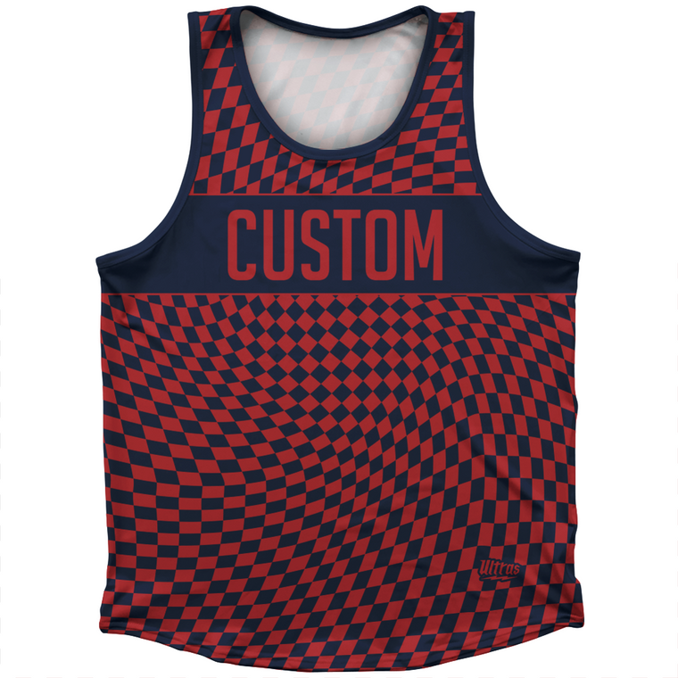 Warped Checkerboard Custom Athletic Sport Tank Top Made In USA - Blue Navy And Red Dark