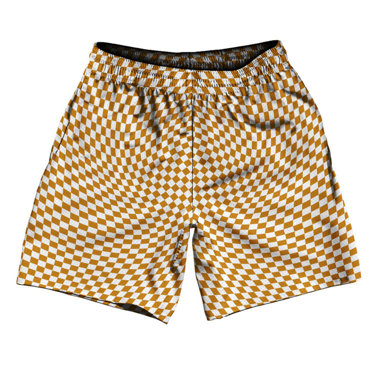 Warped Checkerboard Athletic Running Fitness Exercise Shorts 7" Inseam Shorts Made In USA - Orange Burnt And White