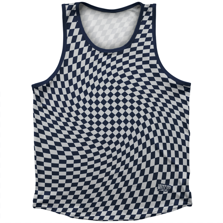 Warped Checkerboard Athletic Sport Tank Top Made In USA - Blue Navy And Grey Medium