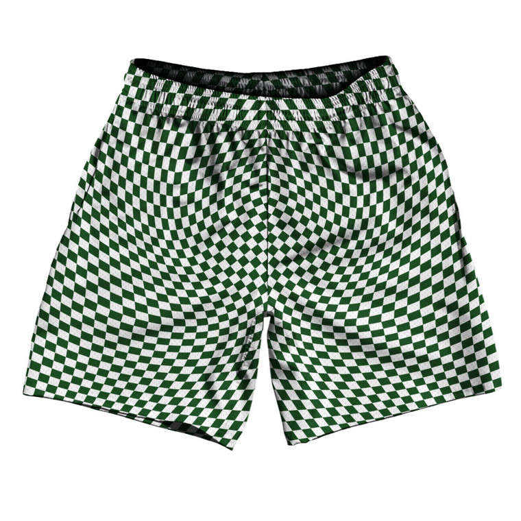 Warped Checkerboard Athletic Running Fitness Exercise Shorts 7" Inseam Shorts Made In USA - Green Hunter And White
