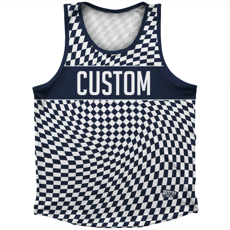 Warped Checkerboard Custom Athletic Sport Tank Top Made In USA - Blue Navy And White