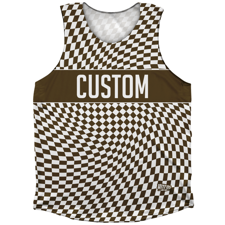 Warped Checkerboard Custom Athletic Tank Top - Brown Dark And White