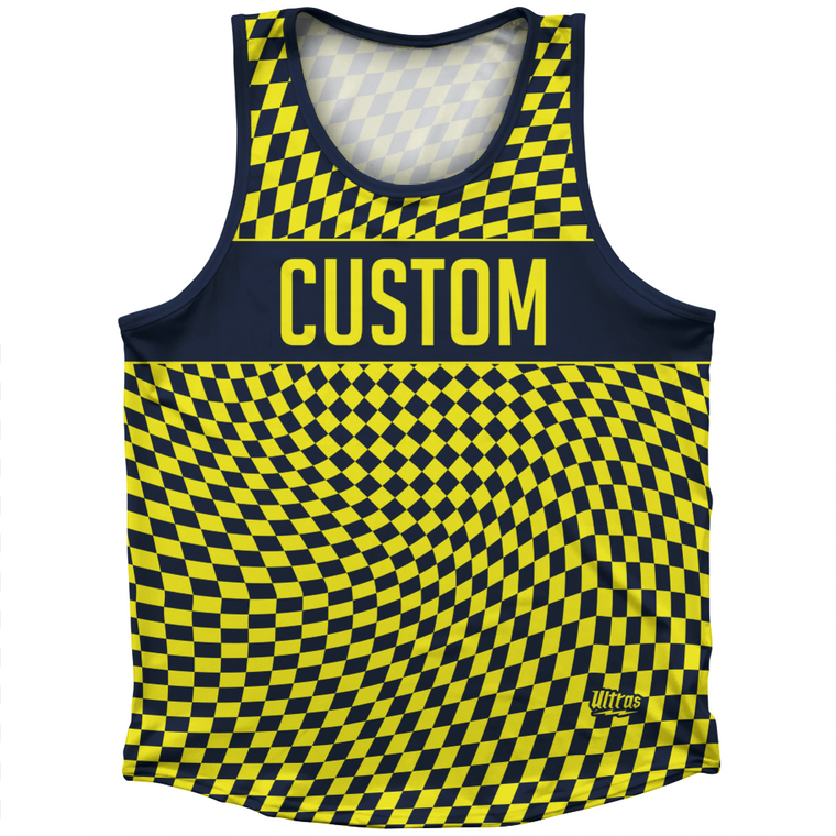 Warped Checkerboard Custom Athletic Sport Tank Top Made In USA - Blue Navy And Yellow Bright