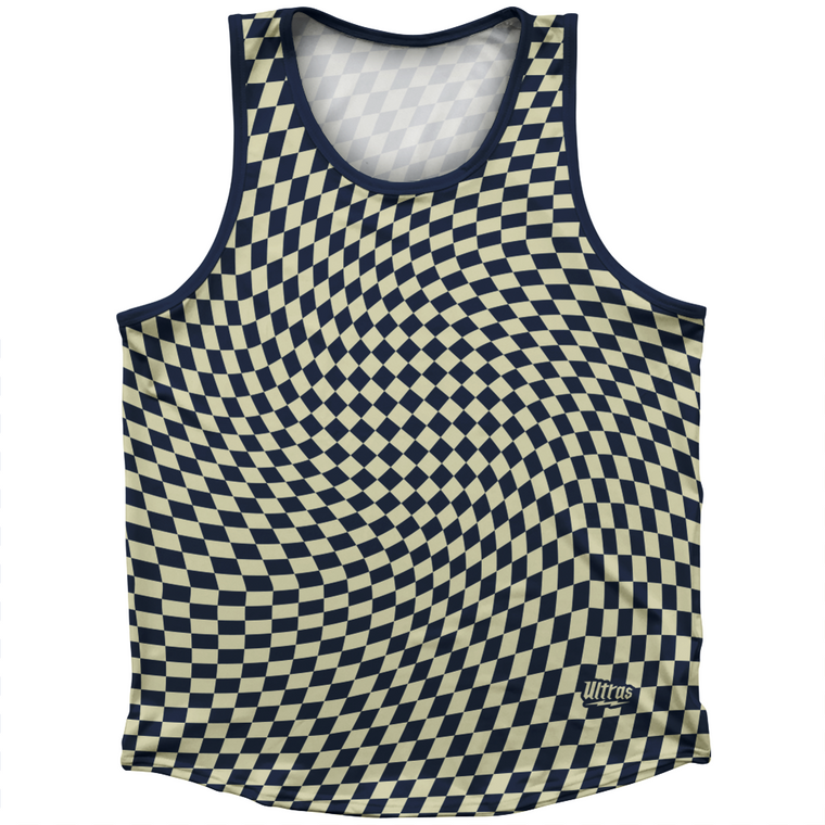 Warped Checkerboard Athletic Sport Tank Top Made In USA - Blue Navy And Vegas Gold