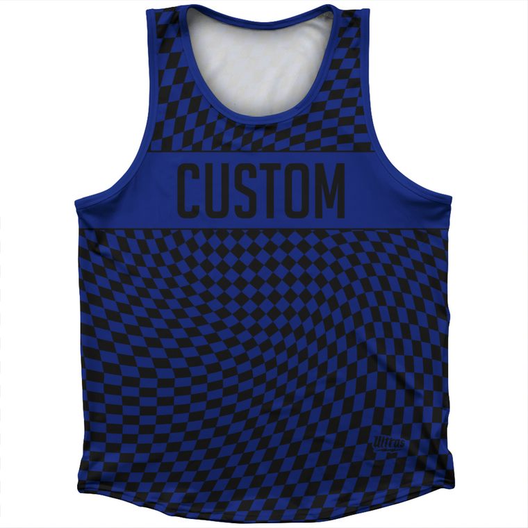 Warped Checkerboard Custom Athletic Sport Tank Top Made In USA - Blue Royal And Black