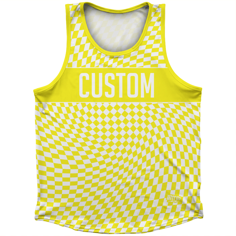 Warped Checkerboard Custom Athletic Sport Tank Top Made In USA - Yellow Bright And White