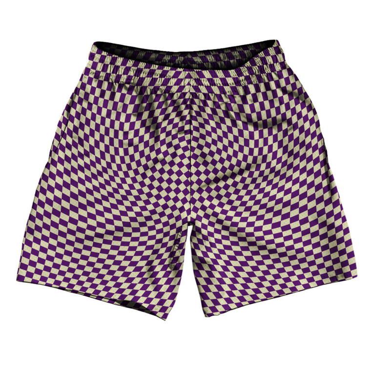 Warped Checkerboard Athletic Running Fitness Exercise Shorts 7" Inseam Shorts Made In USA - Purple Medium And Vegas Gold